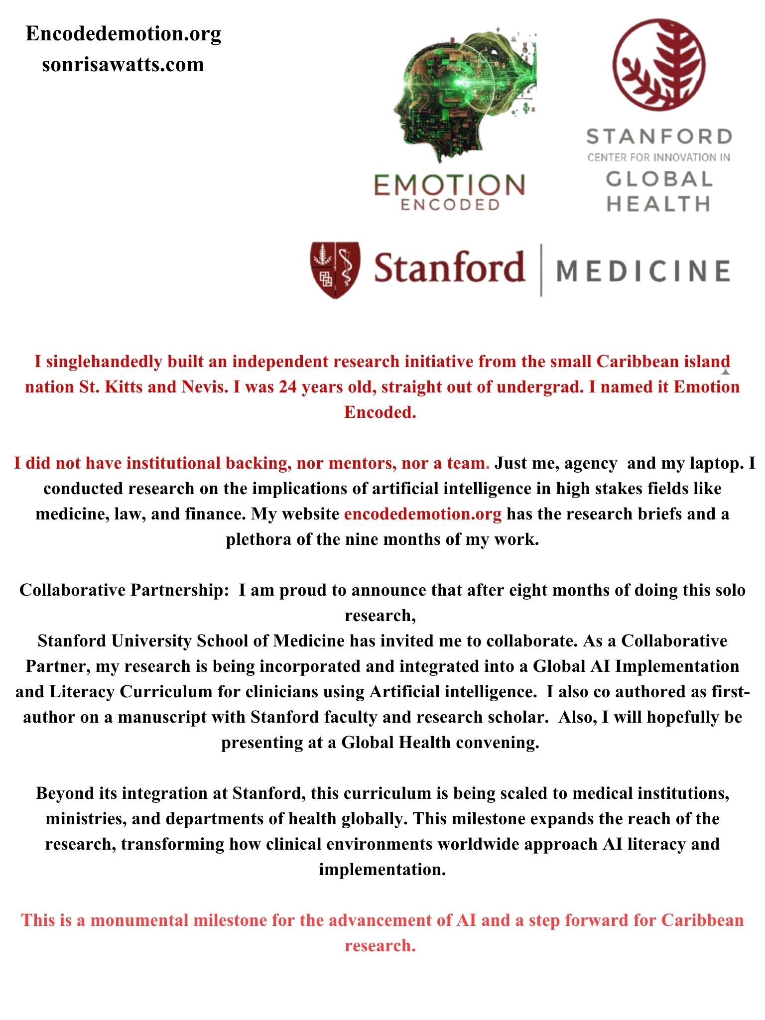 Sonrisa Watts- Emotion Encoded, Stanford School of Medicine Collaboration, Stanford University, Curriculum